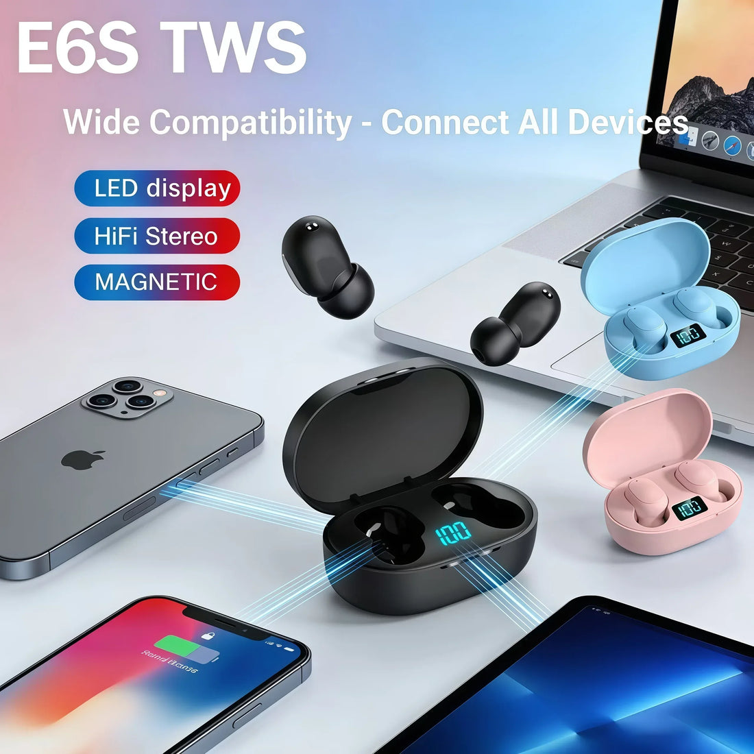 E6S Bluetooth headphones wireless Bluetooth headphones noise-cancelling headphones with microphone suitable for Android and ios - Vivid Mart