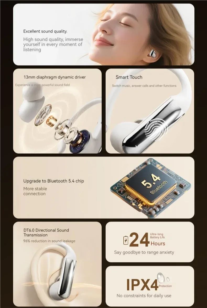 Ear Clip Earbuds Surround Sound Wireless Bluetooth 5.4 Headsets Noise Reduction Sports Gaming Headphones with HD Mic Earphones - Vivid Mart