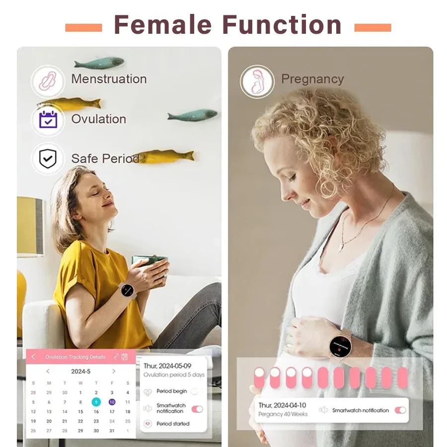 Smart watch for women, always-on display, IP67, fitness tracker with sleep monitoring/menstrual cycle, black gold - Vivid Mart