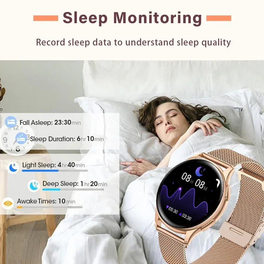 Smart watch for women, always-on display, IP67, fitness tracker with sleep monitoring/menstrual cycle, black gold - Vivid Mart